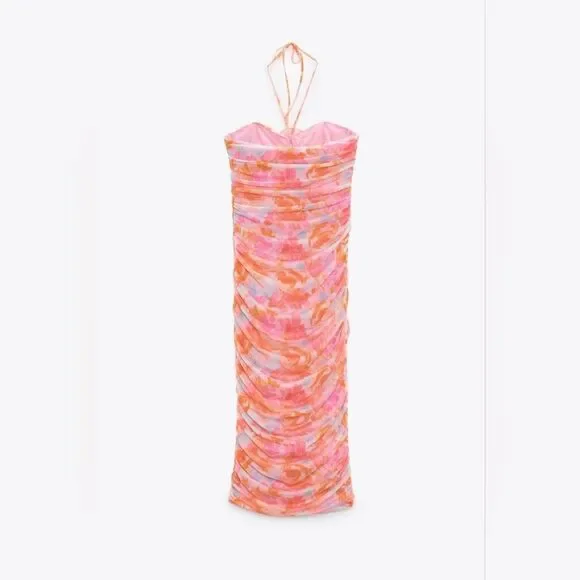 ZARA PRINTED TULLE MIDI DRESS PINK FLORAL - Picture 15 of 17